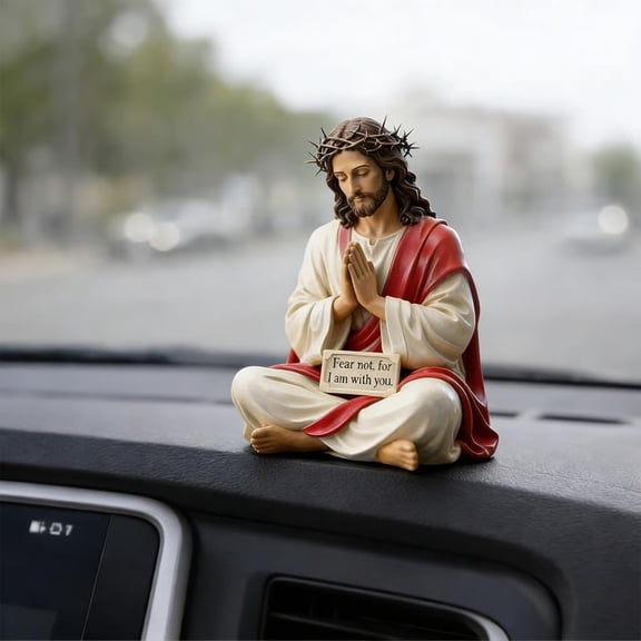 Hand-Painted Jesus Figurine Fear Not, for I Am with You, Pray Sitting Design Jesus Resin Desk Companion Figurine, Jesus Statue Decor for Car Dashboard Home Office Table Decor Religious Gift