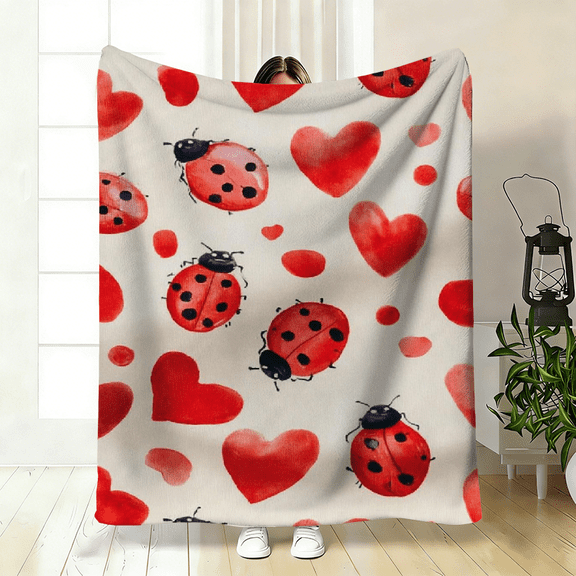 Hand-Painted Ladybug and Heart Flannel Blanket All-Season Bedspread, Pink Confetti on White Background, Sofa Bed Cover, Suitable for Room, Movie Night - Soft Gift, Polyester, Contemporary Style