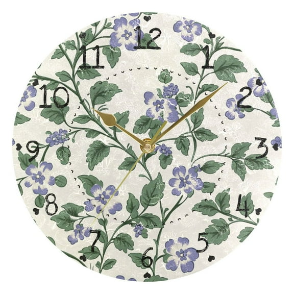 Hand Painted Lavender Flowers Round Wall Clock Silent Analog Battery Operated Gold Pointer Home Decor 9.84" Diameter