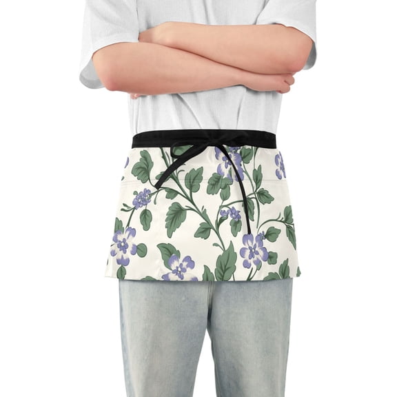 Hand Painted Lavender Flowers Short Server Apron with 3 Pockets for Unisex Chef Gardening