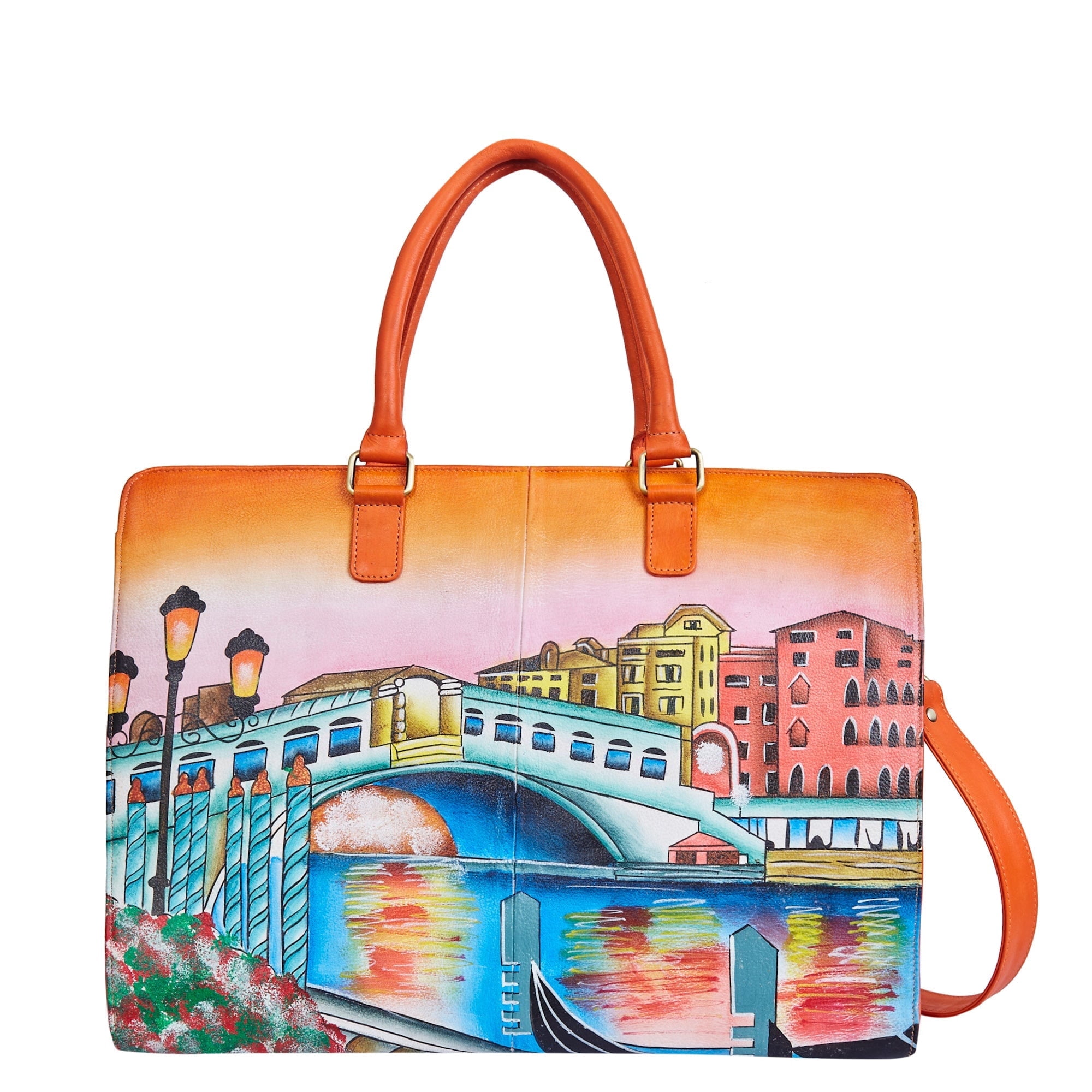 Sishka Womens Venice Cityscape Hand-Painted Leather Ladies Bags – Elegant Orange Business Briefcase, Stylish Laptop Shoulder Bag