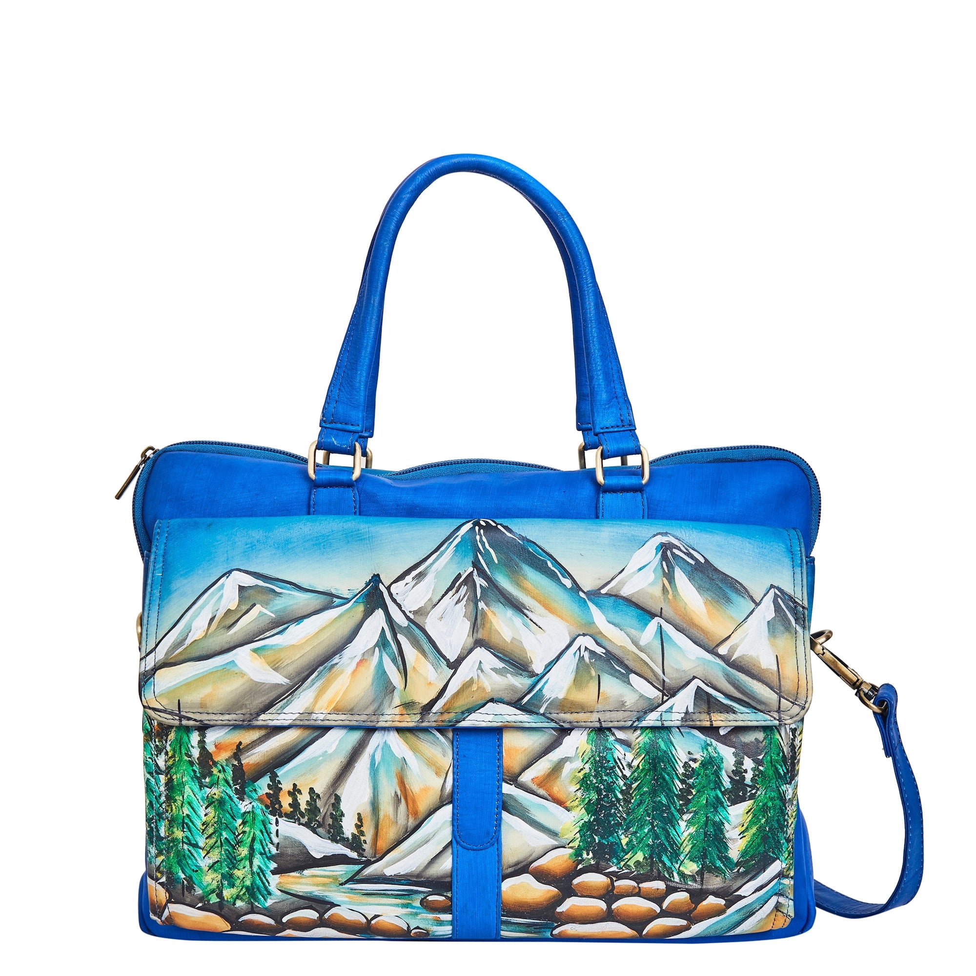 Sishka Womens Hand-Painted Leather Ladies Bags – Mountain Artwork Business Laptop Bag, Stylish Shoulder Briefcase for Women