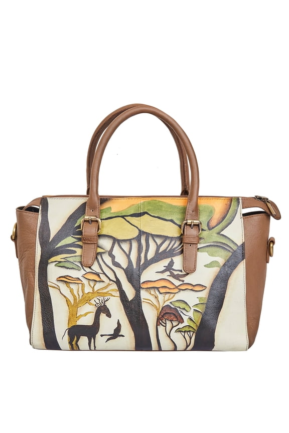 Hand-Painted Wild Artwork Brown Leather Ladies Bags  Stylish Satchel with Detachable Adjustable Strap for Shoulder & Crossbody Sling bag