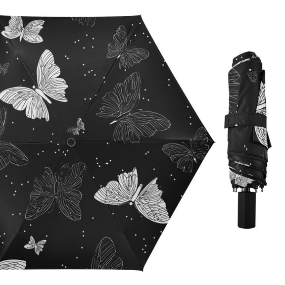 Hand Painted Line Art Butterflies All Weather Umbrella Triple Folding Parasol 6 Ribs UV Protection Portable
