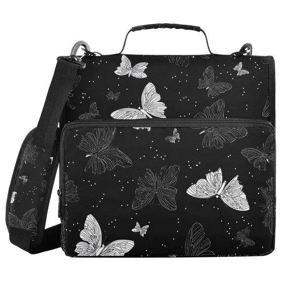 Hand Painted Line Art Butterflies Binder Bag with Shoulder Strap 3 Ring Zipper Binder File Folder Document Storage