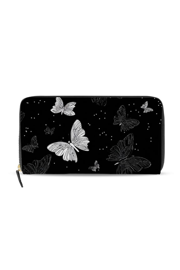 Hand Painted Line Art Butterflies Women's Long Zipper Wallet Bifold Clutch Purse PU Leather Card Cases