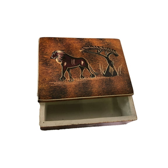 Hand Painted Lion Soap Stone Keepsake Box Brown