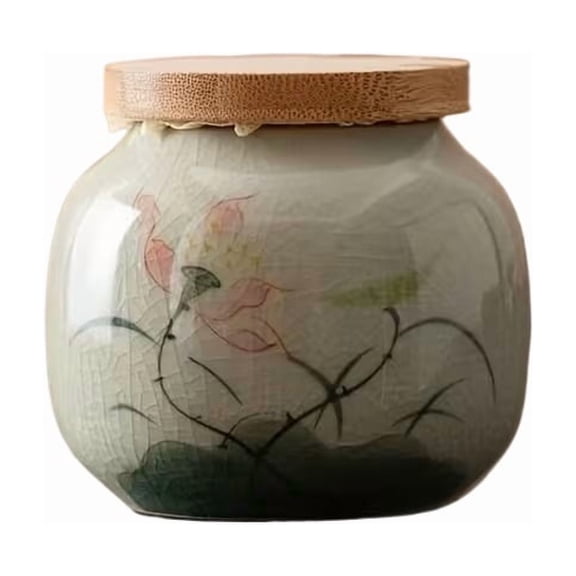 Hand Painted Lotus Ceramic Tea Pot with Bamboo Lid - Airtight Storage Container for Tea Leaves, Candy, Spices, and Seasonings