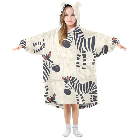 Hand Painted Lovely Zebras Flannel Wearable Blankets Hooded Design Long Sleeves Wrap Unisex for 3T-14Y S
