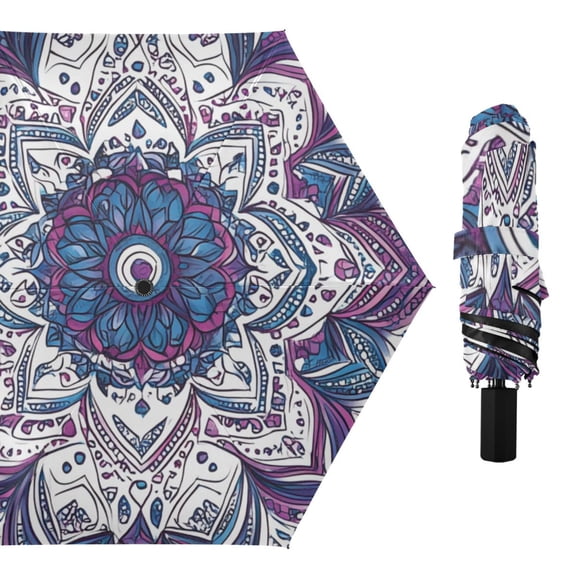 Hand Painted Mandala Flower All Weather Umbrella Triple Folding Parasol 6 Ribs UV Protection Portable