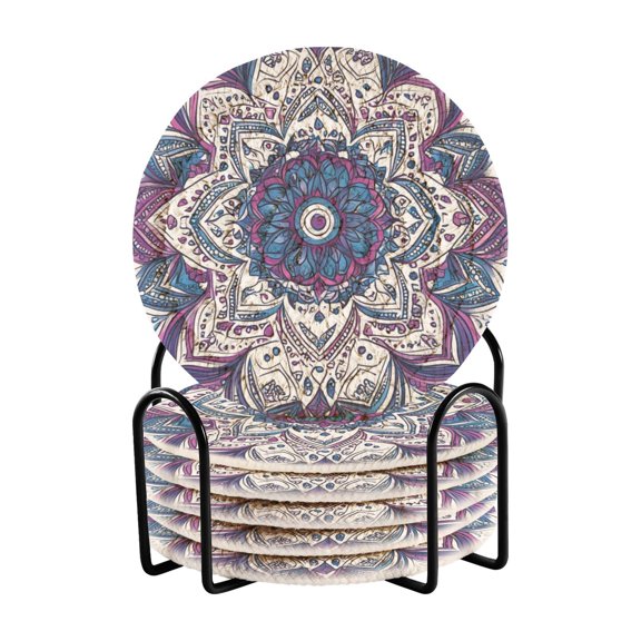 Hand Painted Mandala Flower Drinking Coasters Cup Mat with Holder for Kitchen Cafe Bar 6 Packs