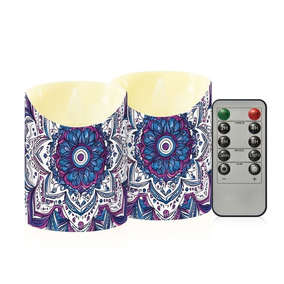 Hand Painted Mandala Flower Flickering Flameless Candles with Remote Timer Battery Operated LED Tealight Set of 2 S