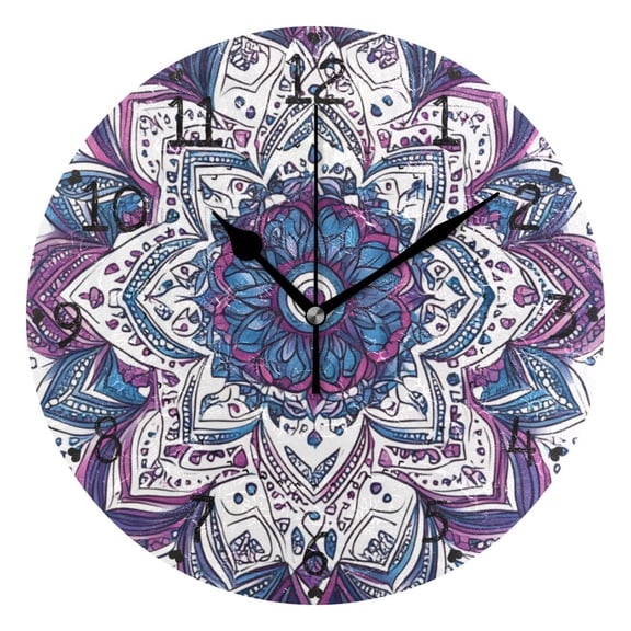 Hand Painted Mandala Flower Round Wall Clock Silent Analog Battery Operated Black Pointer Home Decor 9.84" Diameter