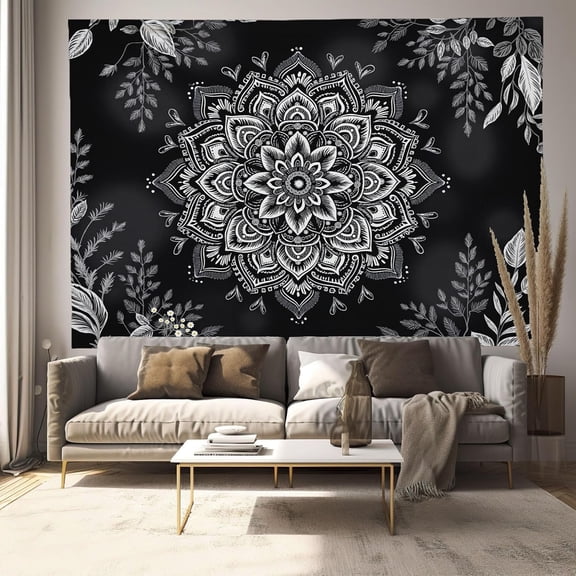 Hand-Painted Mandala Tapestry Bohemian Plant Tapestries Wall Hanging Black And White Large Tapestry Aesthetic Mural Decor For Bedroom Living Room Dorm 40 X 30 Inch