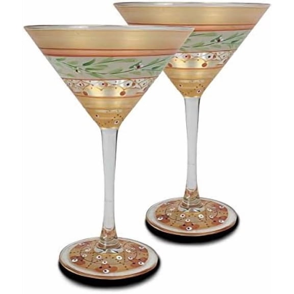 Hand Painted Martini Glasses Set of 2 - Moroccan Mosaic Gold Garland Collection - Hand Painted Glassware by USA Artists - Unique and Decorative Martini Glasses, Kitchen Table Dco