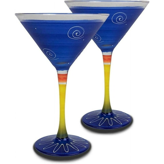 Hand Painted Martini Glasses Set of 2 - Peruvian Splendor Dark Blue Collection - Hand Painted Glassware by USA Artists - Unique and Decorative Martini Glasses, Kitchen Table Décor
