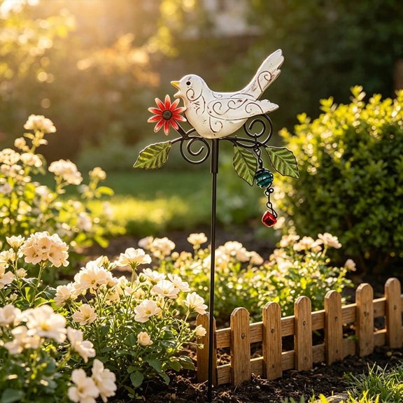 Hand Painted Metal Bird Garden Stake with Intricate Swirl Embossed Pattern and Ground Insert Pole, Colorful Yard Art Decoration for Flower Bed, Lawn, and Garden Border Display.