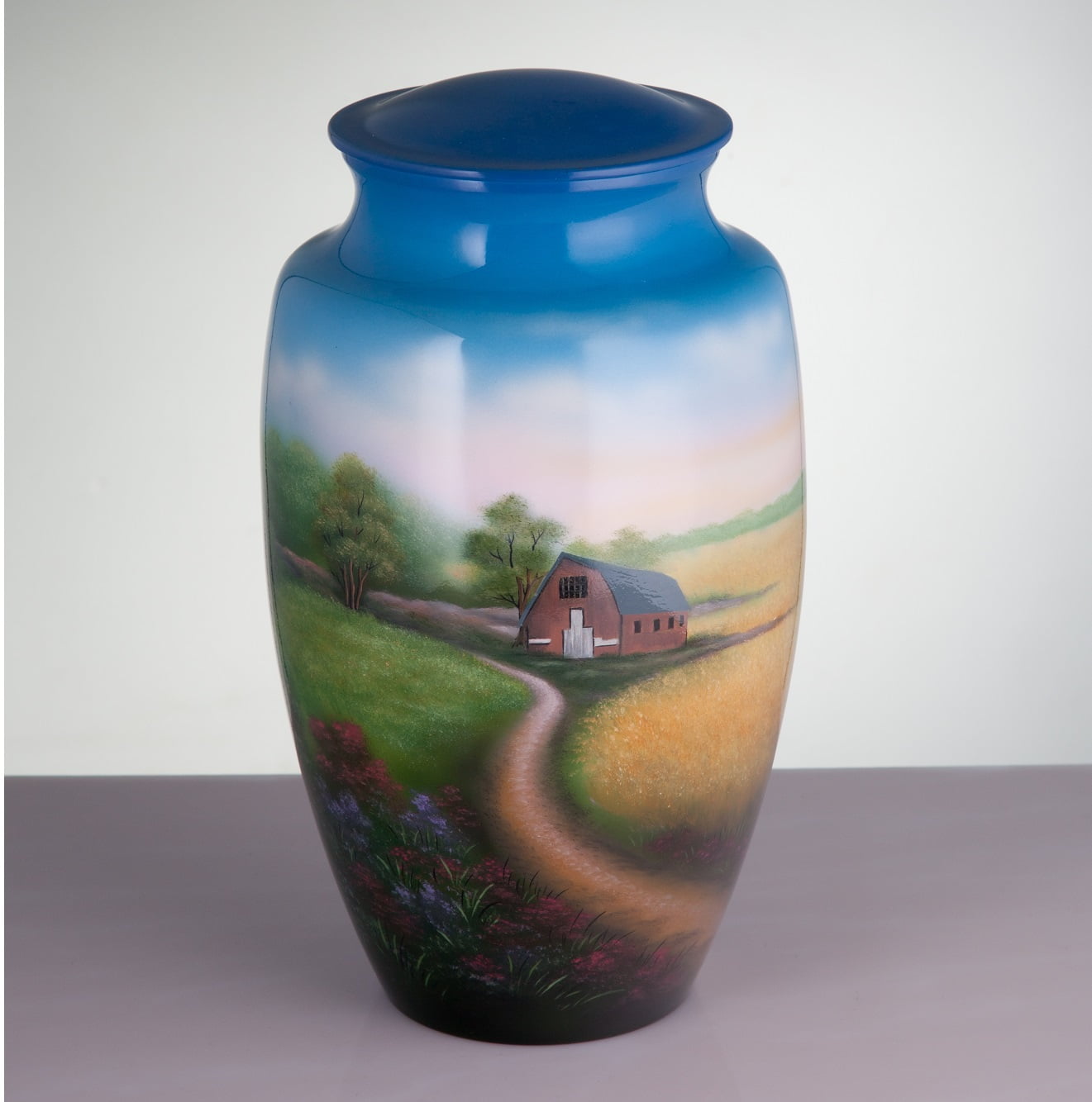 Hand Painted Metal Cremation Urn - Cremation Urn - Solid Metal Funeral Urn - Handcrafted Adult Funeral Urn for Ashes - Great Urn Deal with Free Bag (Farm)