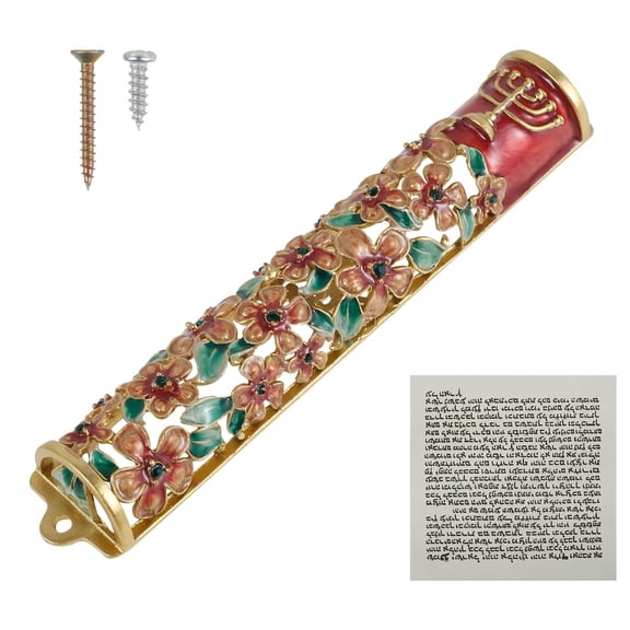 Hand Painted Mezuzah Case with Scroll for Door Frame, Exquisite Enamel Metal Mezuzah with Crystals Red