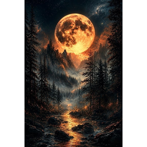 Hand Painted Moonlit Forest Landscape Wall Art Print, Nature Decor