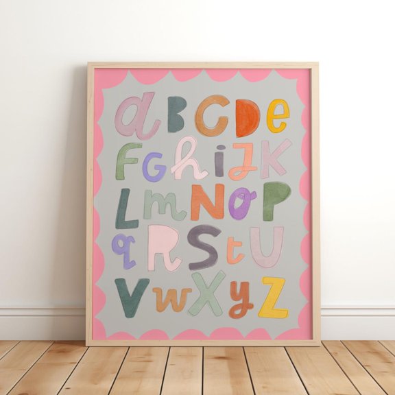 Hand Painted Nursery Alphabet Wall Art Hand Drawn Cute Pink Learning Decor Educational Playroom Print Cottagecore Gift For New Room, Unframed Paper Print