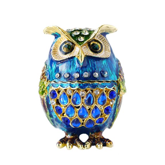 Hand- Painted Owl Trinket Box with Rich Enamel and Sparkling Rhinestones Jewelry Trinket Box (Blue)