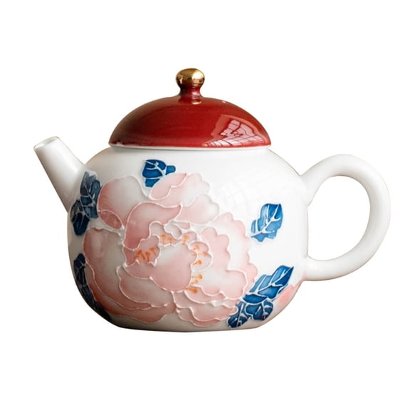 Hand-Painted Peony Flower Ceramic Teapot, Pink Floral Blue Leaf Tea Pot, With Red Lid Gold Knob, Glazed Ceramic Teapot for Home Kitchen Decor Tea Serving Gift