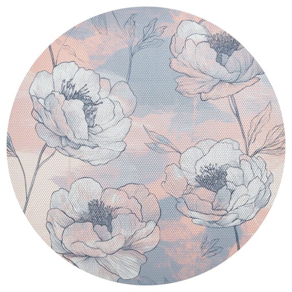 Hand Painted Peony Flowers in Peach Blue PVC Round Grid Placemat Table Mat 1 Pc 15.4" x 15.4"