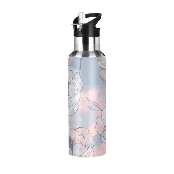 Hand Painted Peony Flowers in Peach Blue Sports Bottle with Straw Stainless Steel Water Jug Portable Thermal Cup Leak-proof 600ML