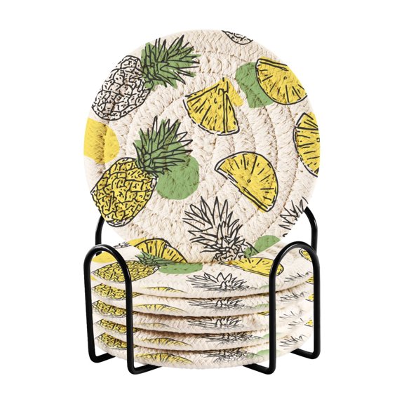 Hand Painted Pineapple Slices Dots Drinking Coasters Cup Mat with Holder for Kitchen Cafe Bar 6 Packs