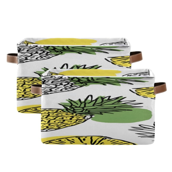 Hand Painted Pineapple Slices Dots Square Storage Bins with Handles Collapsible Containing Box 2 Packs