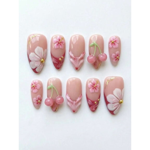 Hand-Painted Pink Almond Press-On Nails With Floral Cherry 3D Beads