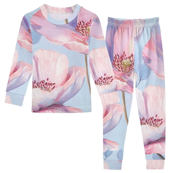 Hand Painted Pink Florals Cotton Pajama Set Long Sleeve Top and Pants Sleepwear Unisex 6Y