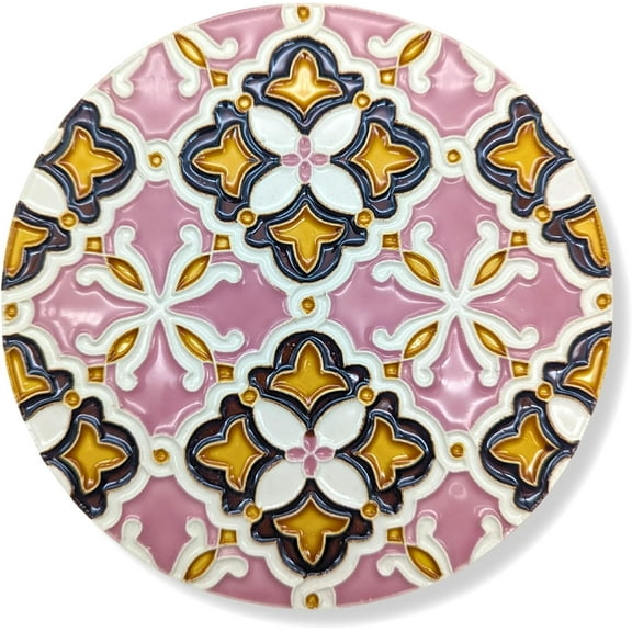 Hand-Painted Portuguese Ceramic Tile Round Trivet (Pink)