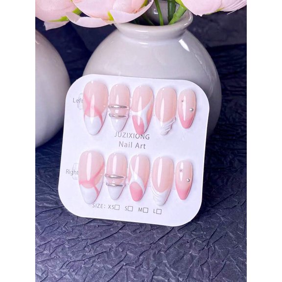 Hand-Painted Press-On Nails Set M: Pink White Abstract Ribbon Design, 10