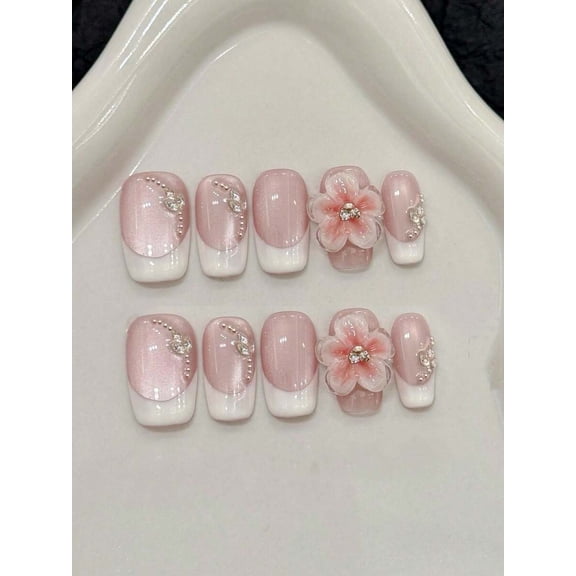 Hand-Painted Press-On Nails With 3D Flower And Rhinestones, XS Pink Pearl