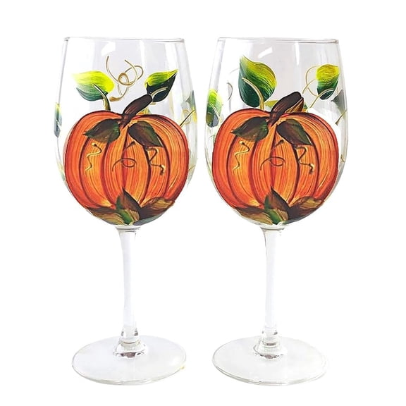 Hand Painted Pumpkin Fall Thanksgiving Wine Glass | Set of 2 | Perfect Thanksgiving Table Decor | Fall Autumn table Decor | Thanksgiving Hostess Gifts | Stemmed Wine Glasses