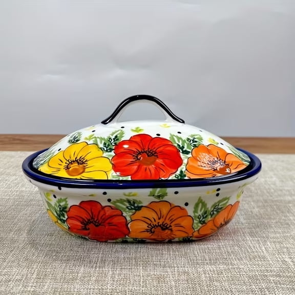 Hand-Painted Pumpkin Oval Baking Tray with Lid Durable Casserole Roaster for Fall Entertaining, Roasted Vegetables & Side Dishes
