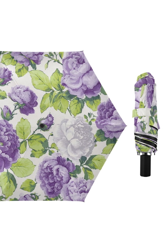 Hand Painted Purple Florals Green Leaves All Weather Umbrella Triple Folding Parasol 6 Ribs UV Protection Portable