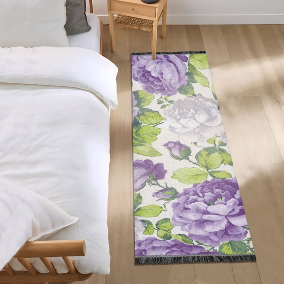 Hand Painted Purple Florals Green Leaves Bedside Runner Rug 2'x 6' Non Slip Carpet Floor Mat Area Rug