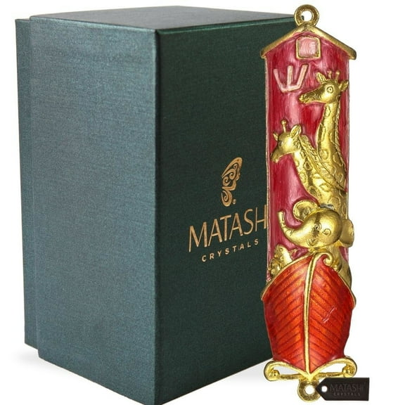 Hand Painted Red Enamel Noahs Ark Mezuzah with Gold Accents and fine Crystals by Matashi