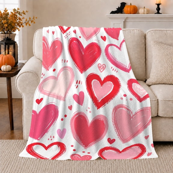 Hand Painted Red Pink Hearts On White, Romantic Brushstroke Style for Heart Art Fans, Painted Heart Theme and Valentine's Day Gift, Soft Flannel Blanket for Bedroom Living Room, Home Decor