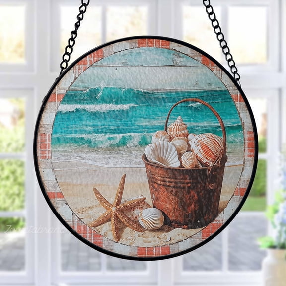 Seashells Starfish Stained Glass Suncatcher Metal Outdoor Decor Coastal Beach Turquoise Rustic