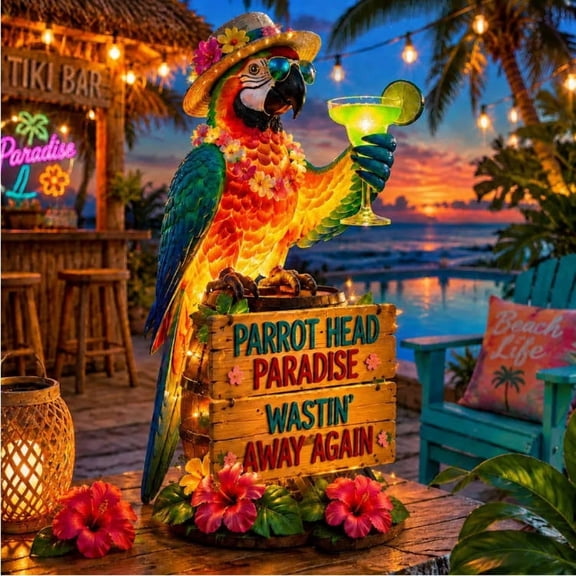 Hand-Painted Resin Parrot LED Light, Parrot Head Paradise Table Decor, Tropical Margaritaville Style Ornament for Tiki Bar, Kitchen, Bedroom & Gift