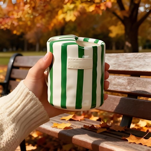 Hand-Painted Retro Striped Ceramic Coffee Mug, 10oz Porcelain Hand-Held Cup Heat-Resistant Non-Slip Double Layer Latte Tea Juice Drinks for Kitchen Dining