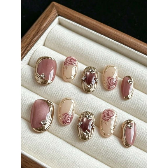 Hand-Painted Rose Press-On Nails With Gold Trim And Rhinestones, L Color