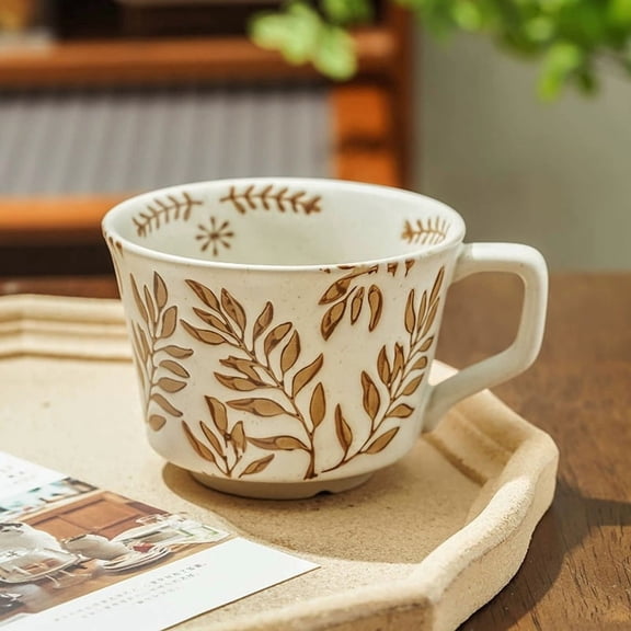 Hand-Painted Rustic Terracotta Coffee Cups Set of 4 - 350ml Unique Design for Breakfast and Afternoon Tea