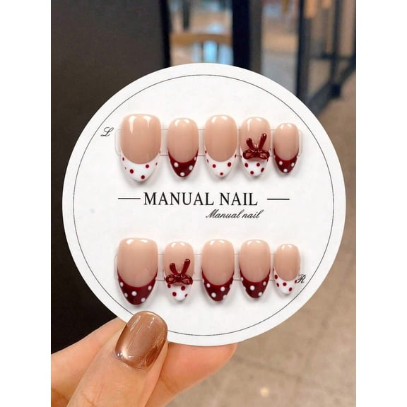 Hand-Painted Short Almond Press-On Nails M - Nude Base With Red & White