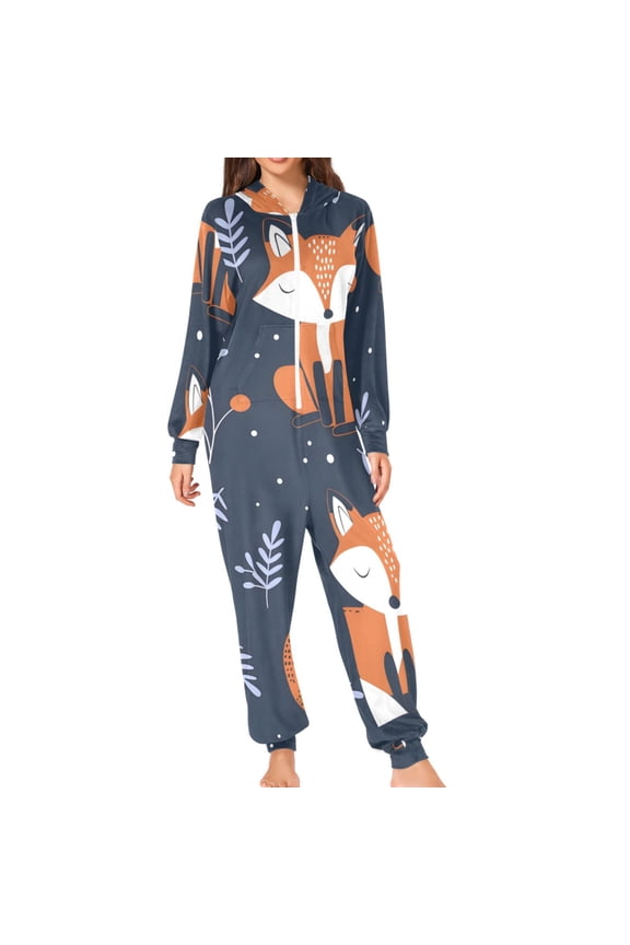 Hand Painted Sleeping Foxes Leaves Adult's Hoodie Onesie Jumpsuit One-Piece Pajamas with Zipper Unisex for Holiday S