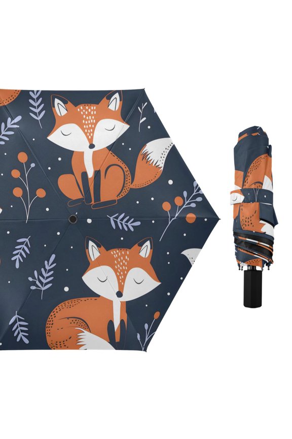 Hand Painted Sleeping Foxes Leaves All Weather Umbrella Triple Folding Parasol 6 Ribs UV Protection Portable